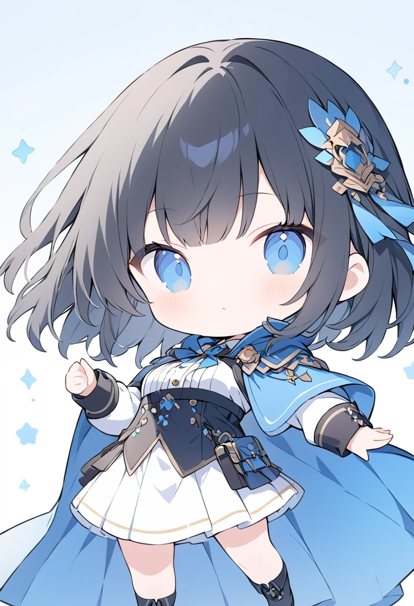 超High resolution, Attention to detail, high quality, High resolution, 最high quality, 4K, 8K, Awards, (artwork)、Clear sky、cute、Black Hair、short、hair ornaments、A work that emphasizes the sky and blue、posters、(Costumes of fantasy world:1.2)、(Blue Cape:1.37),(Chibi Character:1.4)