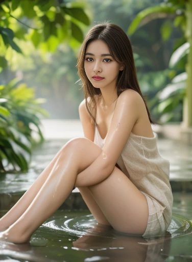 (8k RAW Photo, full body photograph, sharp detail, crisp detail, high detail, rich detail, proffesional lighting,  girl, medium breast, ideal body, full body photograph), anya geraldine, anya_geraldine, (naked,nude), sensual smile, (really wet), ( splashing water, taking bath in natural deep river, spreading legs, waterfall, hazy forest), ( (heavy rain), heavy storm, wind flows), (pussy, BSP), shot from below