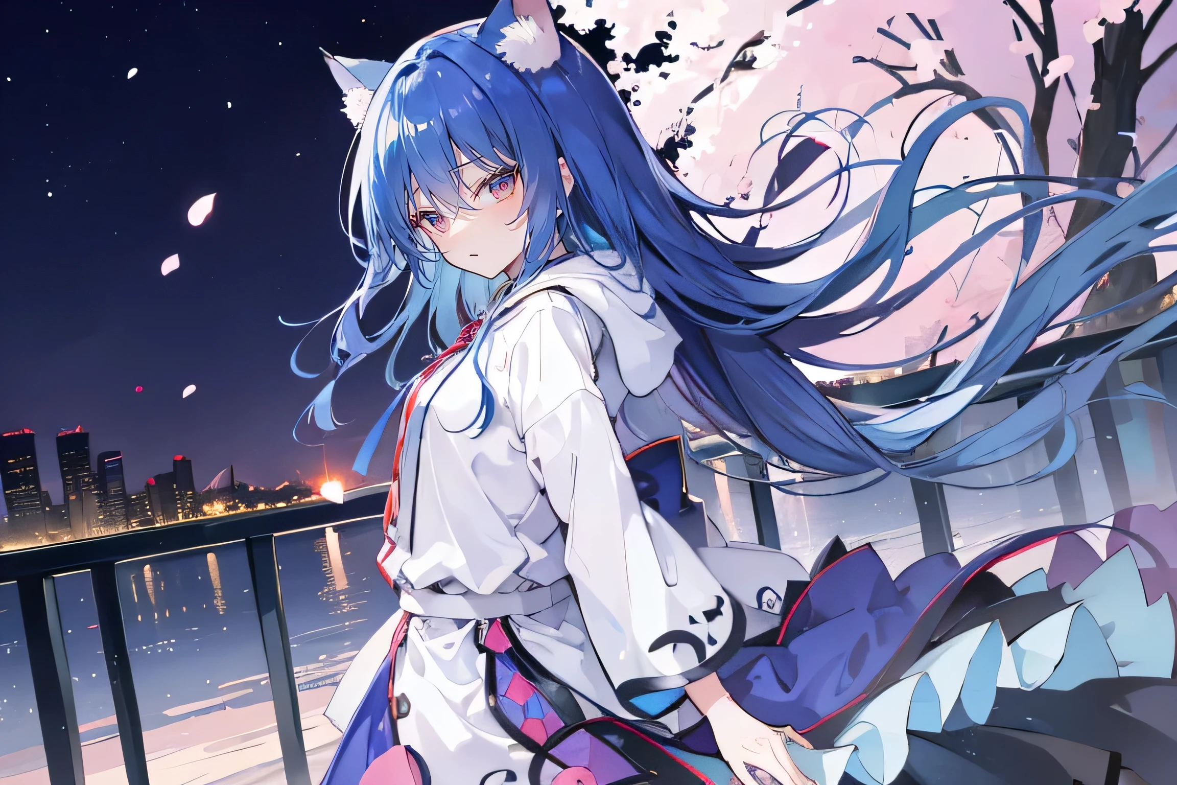 (masterpiece:1.2),Super detailed,lifelike,Expressive eyes,fair skin,perfect face shape,1 girl,
Japanese comics,Gorgeous blue hair,flowing blue hair,flowing clothes,Cat ears,Petals fall,beautiful lola,Baby Angel,
Shaking head with one hand,Cross your legs,Gentle and peaceful background,The pavilion is cool and comfortable,smile, wearing hoodie, background of tokyo,back views,snowing.