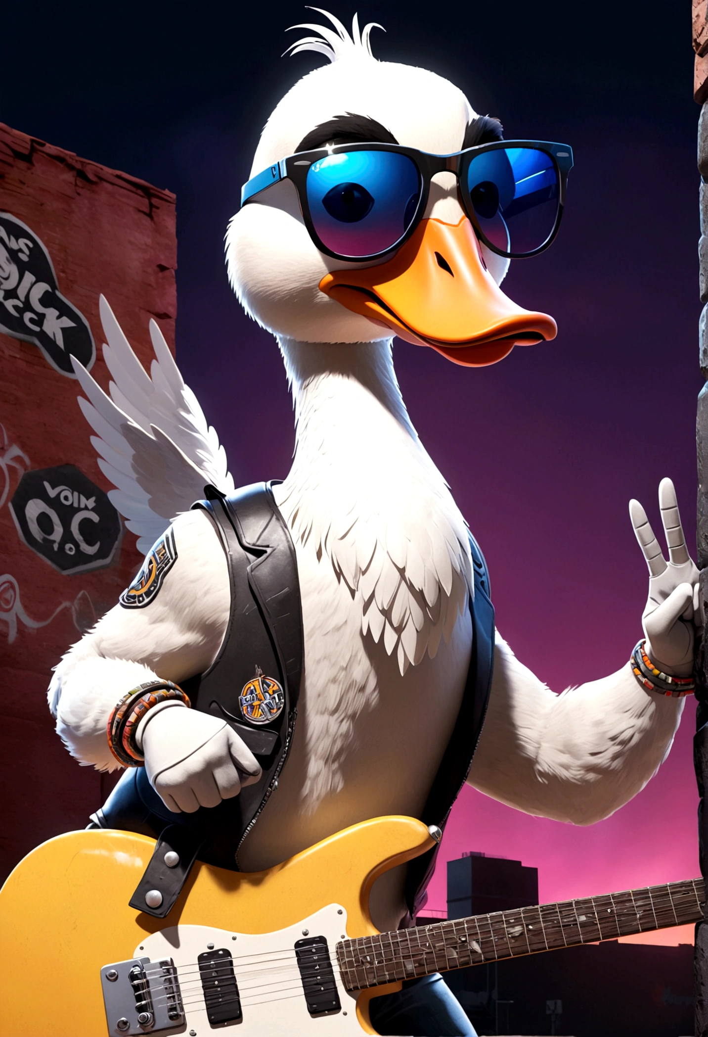 A 3D mascot-style goose is the central character of this image. The goose is wearing sunglasses and making the rock hand sign with one wing. The setting is an urban hard rock scene with elements such as graffiti-covered walls, electric guitars, amplifiers, and perhaps a stage. The overall vibe is gritty and energetic, with dark tones and bright highlights to emphasize the hard rock atmosphere. 8k, detailed portrait, striking pose, dynamic action, vibrant colors, neon lighting, futuristic, cyberpunk, hyper-realistic, cinematic, dramatic, mesmerizing