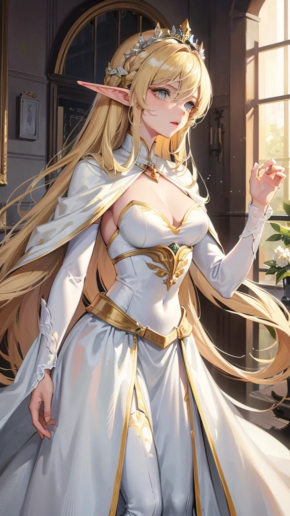 Photograph of the upper body of a beautiful woman, (nomal breasts, perfect body), Sharp focus, (proportional body , mature woman), ((Looking ahead)), (Highly detailed skin, hair follicles:1.4,),
( long hairstyles) blond hair, green eyes, angels  , elf ears, fantasy (wear white cape),  (white cloth), warriors , elegant, luxury, long skirts 
wear accessories , wear crowns , 