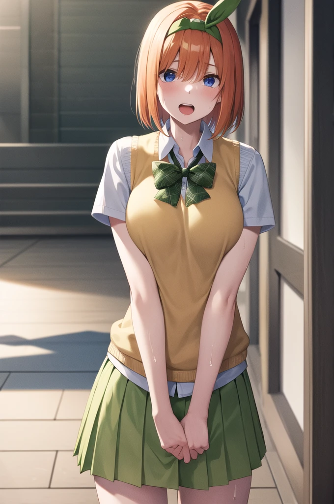 masterpiece, Highest quality, High resolution, Ah Yotsuba, short hair, Hair Ribbon, Green ribbon, hair band, Green ribbon, Collared shirt, Sweater vest, Yellow Sweater, Short sleeve, Green Skirt, Pleated skirt, Open your mouth, Skirt flip,Panties in full view, Are standing, Back of the school building,Sweat