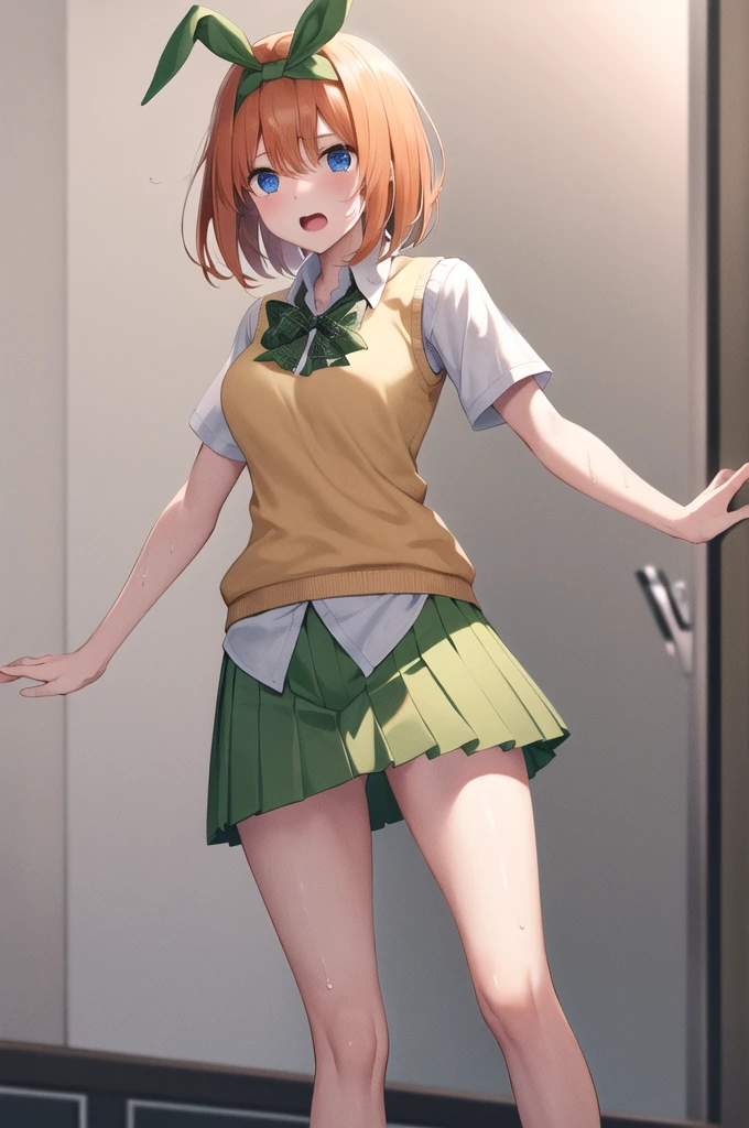 masterpiece, Highest quality, High resolution, Ah Yotsuba, short hair, Hair Ribbon, Green ribbon, hair band, Green ribbon, Collared shirt, Sweater vest, Yellow Sweater, Short sleeve, Green Skirt, Pleated skirt, Open your mouth, Skirt flip,Panties in full view, Are standing, Back of the school building,Sweat