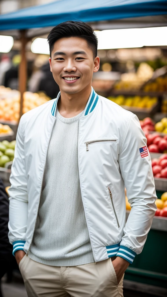 Masterpiece, best quality best, 1 young man, Asian man, East Asian people, one person, The muscles are in good proportion., Posing obscenely, short hair details， white teeth, jacket set, market background, Realistic style，photography，Can be seen from the front, see viewers
