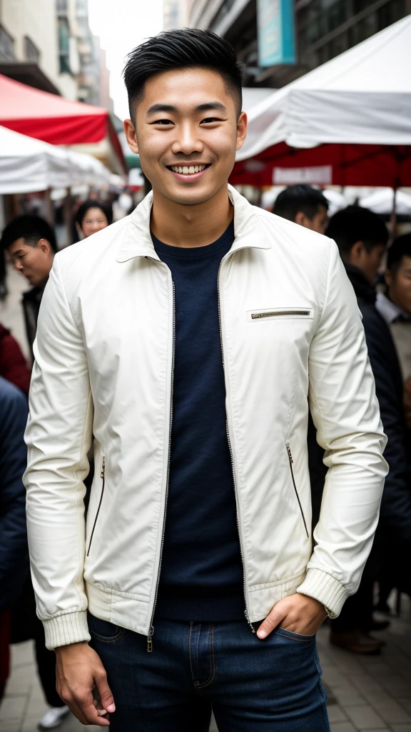 Masterpiece, best quality best, 1 young man, Asian man, East Asian people, one person, The muscles are in good proportion., Posing obscenely, short hair details， white teeth, jacket set, market background, Realistic style，photography，Can be seen from the front, see viewers