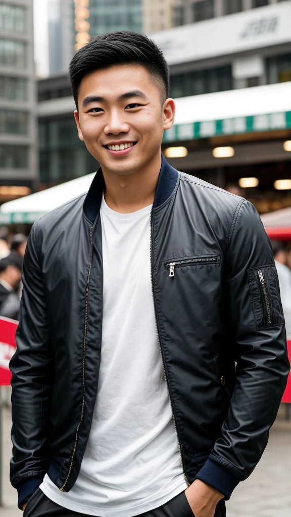 Masterpiece, best quality best, 1 young man, Asian man, East Asian people, one person, The muscles are in good proportion., Posing obscenely, short hair details, white teeth, jacket set, market background, Realistic style,photography,Can be seen from the front, see viewers