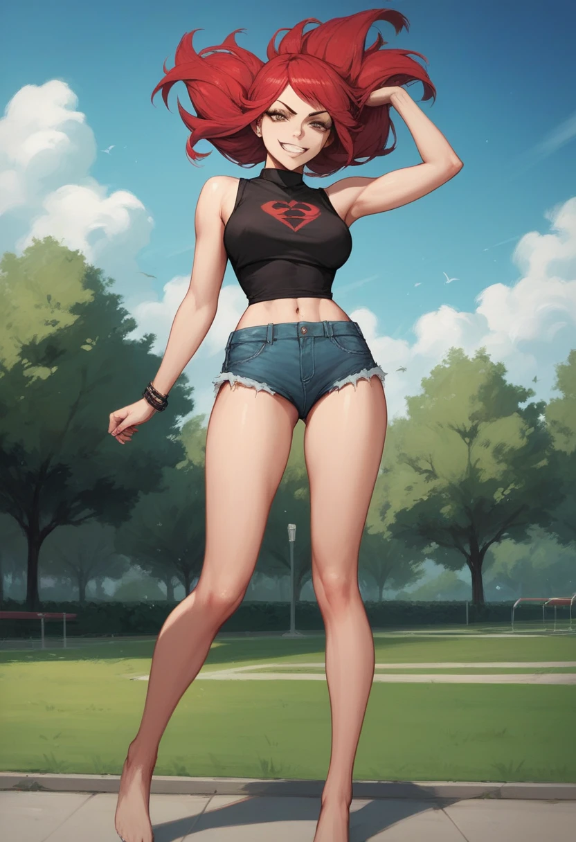 ((High Quality image 10k)) (( perfect autonomy)) Masterpiece, solo girl, brown eyes, red hair, wearing sleeveless black shirt, blue jean shorts, shorts are falling down, cute panties, sexy panties, evil smug grin, barefoot, Standing, in the park 