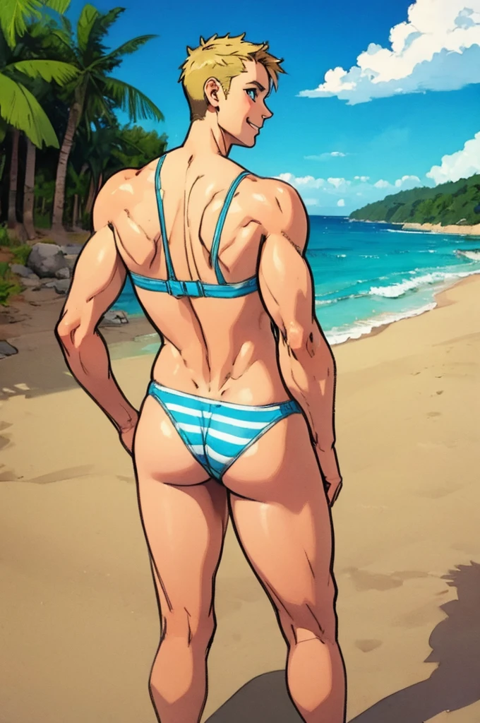 (superflat, flat shading, flat colors:1.1), (seaside), 1girl, tomboy, little, , slim, flat chest, (tanned skin:0.6), short blonde hair, blue eyes, (striped panties), striped bra, straw hat, from behind, bottom, lean forward, bending back, look back, holding ice cream, smile, wind, blue sky, bright sunlight, best shadows, watercolor, strong arms, muscular thighs, ripped muscles, six pack abs, muscle arms, muscular