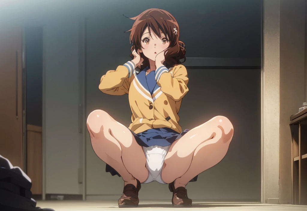 One girl,Looking at the audience,kumiko oumae,Private room,whole body,from the front,uniform,squat,Spread your legs,Squat,Hands behind headで組む,Hands behind head,White panties,Panties in full view,8k unity wallpaper,Anime key visual,高いest quality, High resolution, unity 8k wallpaper, (shape:0.8), 高いly detailed face,高いly detailed eye,Glowing Eyes , Shiny skin,Fine skin,White skin,dense skin,Detailed Hair,高いly detailed legs,Perfect lighting, Detailed CG, (Perfect Anatomy),High resolution,Anime key visual,Kyoto Animation,