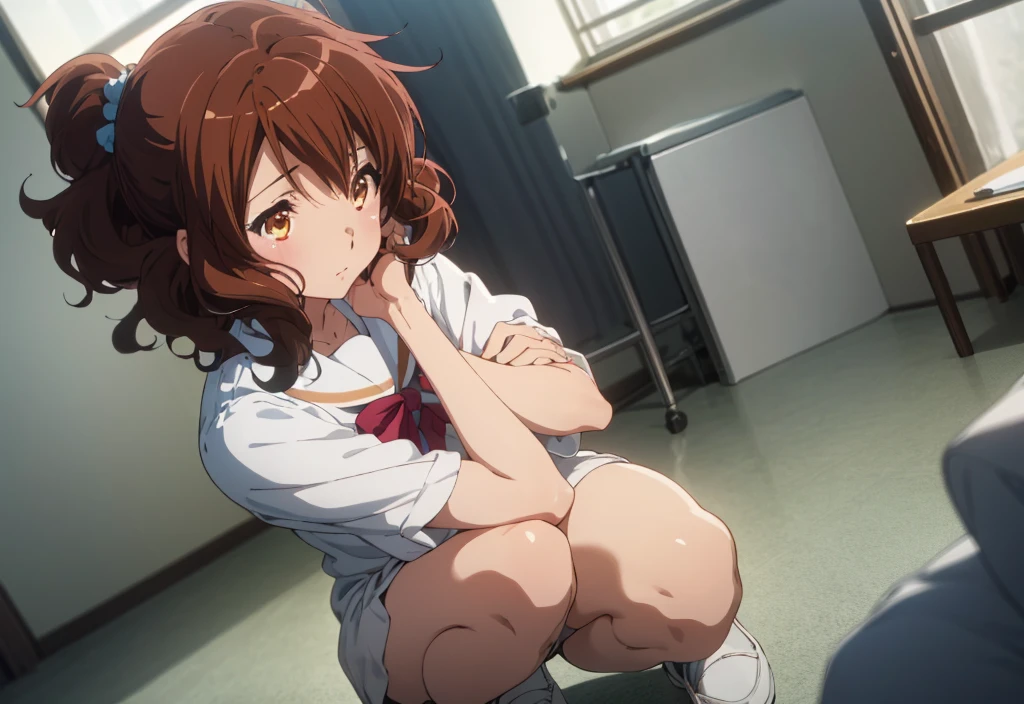 One girl,Looking at the audience,kumiko oumae,Private room,whole body,from the front,uniform,squat,Spread your legs,Squat,Hands behind headで組む,Hands behind head,White panties,Panties in full view,8k unity wallpaper,Anime key visual,高いest quality, High resolution, unity 8k wallpaper, (shape:0.8), 高いly detailed face,高いly detailed eye,Glowing Eyes , Shiny skin,Fine skin,White skin,dense skin,Detailed Hair,高いly detailed legs,Perfect lighting, Detailed CG, (Perfect Anatomy),High resolution,Anime key visual,Kyoto Animation,