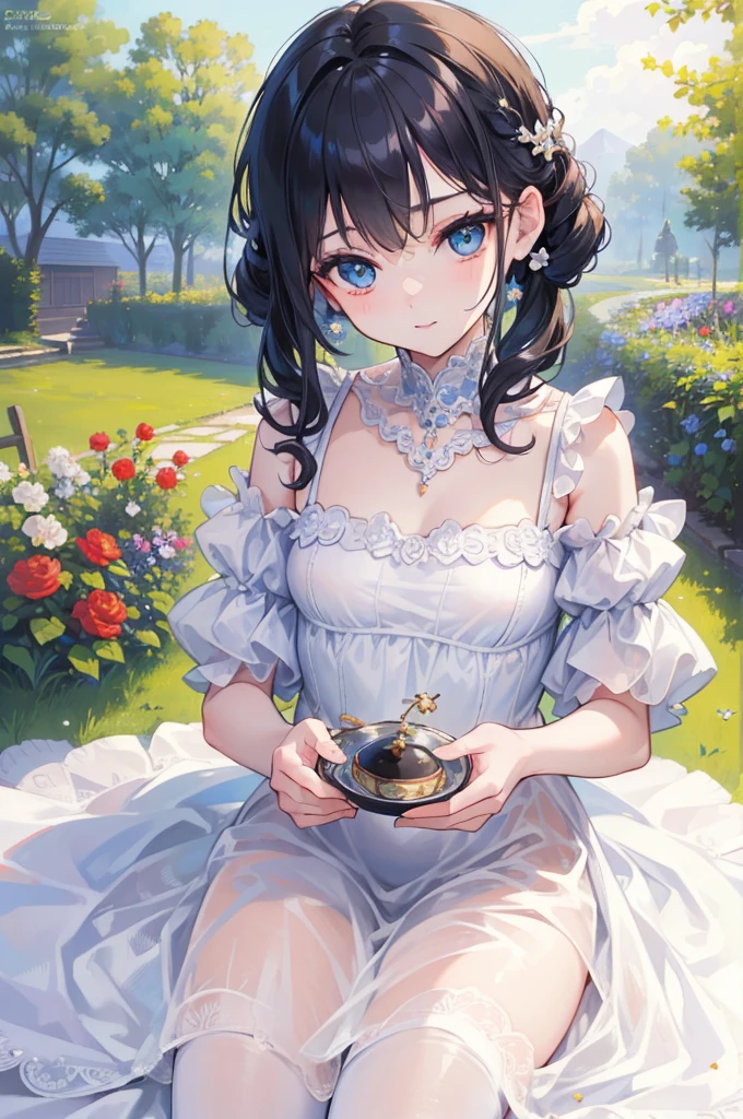 (masterpiece),(Top quality),(Extremely detailed),(high resolution),(8K Animation),(Beautiful and delicate face),(Beautiful and delicate eyes),(Anatomically correct),(Keep your head small),1 Girl,Black Hair,curls,(Big round eyes),Bangs,[Lavender-colored eyes:(blue eyes):0.55],A gentle smile,White Dress,(Garden),Soft sunlight,Tea 
