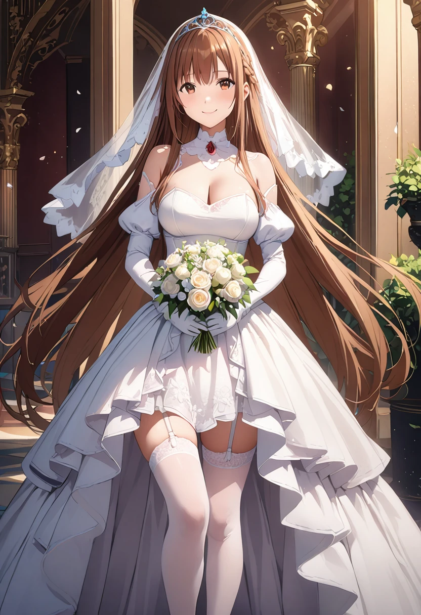 Highest quality、Super detailed、High resolution illustrations、Ultra-high-definition CG、８k size wallpaper、Production Art、Light novel illustrations、（１People Girls)、asuna yuuki, long hair, bangs, brown hair, brown eyes, very long hair, braid、dress, bare shoulders, detached sleeves, white dress, A smile full of happiness、Puff sleeves、Wedding Veil、tiara、Cleavage cutouts、Red brooch、Wedding dress、White Dress、White Gloves、Long skirt、Garter belt under skirt、White Stockings、White stiletto heels、Holding a bouquet in both hands、Full Body、hyperrealistic、spoken heart