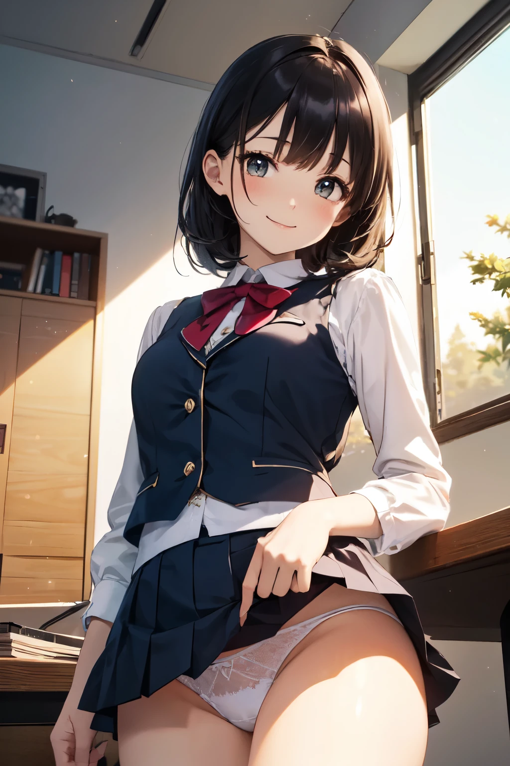 very cute and beautiful girl,(Very detailed美しい顔), (smile),blush,Black Hair,Seraphim,(Pleated navy blue mini skirt),Are standing,(From below),(Lacy white panties), Wooden classroom,window,Distant Tree々and the city, (Highest quality,masterpiece:1.0),Absurd,High resolution,Super detailed,Very detailed,32k,8K resolution, Intricate details,Movie Scenes,Detailed Background,alone,Dynamic Angle,