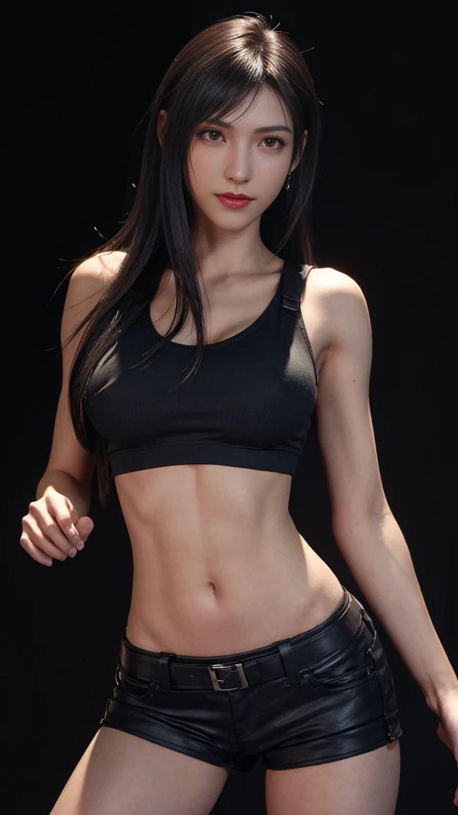 8K, Top Quality, Intricate Details, Ultra Detail, Ultra High Resolution, Masterpiece, close up shot, (full body: 1.1), Slender, Smile, (Makeup: 0.4), ,(( red eyes, black hair, bangs, long hair)), (Fluffy  Eyes: 1.21), (()), 1girl, solo, 1 girl, ((Tifa,Tifa･lockhart,Final Fantasy 7,FF7,l)), close up shot, , ((tall)), (((fit body))), (((slim face))), sharp face, (( ,, mini pants, hot pants, short pants, mini shirt, micro shirt,  cleavege, crotch))  ,(detailed face), sharp face, small lips, , ,(( )) ,, ,
 ((,no bra, braless )), , (( )), detailed face, detailed breast, large breast ,huge breast,  detail nipples ,, Narrow Waist, Skinny, tall , 190 cm tall, Muscular, Navel, Exposed Abdomen, Pointed Chest,, Beautiful girl with accentuated slender abs: 1.4, Six Pack Abs: 1.4, , Perfect Body, detail legs, (( dark background)), black background,