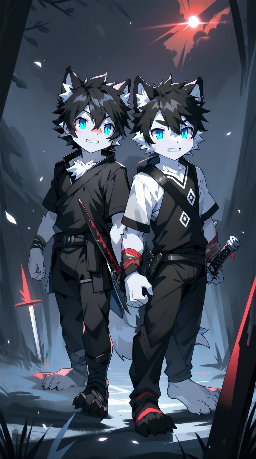 White Wolf，black hair，Sky blue eyes，hairy，Wolf ears，Wolf tail，Full body portrait，The character is in the center of the frame，Handsome，Confident eyes，male，juvenile，Black and white combat uniform，Red neck bib，Black shorts，Short sleeve，hairy arms and legs，Dark background，Dark battlefield，dawn，sunrise，dawn，illumination，shadow，Swordsman，Scabbard and sword，Hold the hilt of a sword in your hand，The scabbard is at the waist，Highest quality