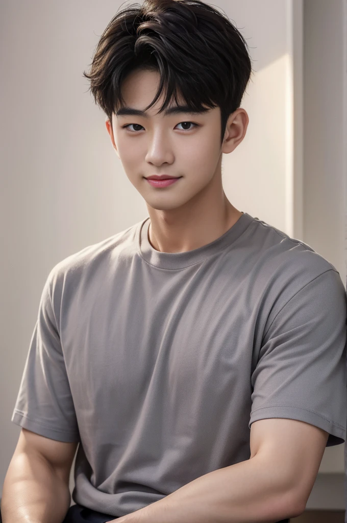 ((Highest quality, 8K, Masterpiece: 1.3))、Cool Korean guy, 1A man who has、 yo、Good appearance、Beautiful nose、smile、 Detailed eyes and face、beautiful light、(studio)、high resolution、(Look at the viewer.)、Fine mouth、smile、whole body: 1.5, perfect shape: 1.3, Picture of both shoulders:1.3, Gray round neck t-shirt:1.5