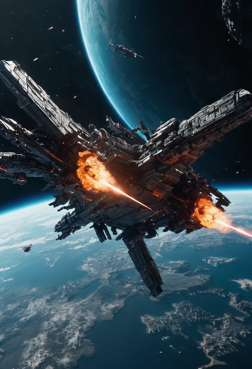 Space War, cinematic still, high budget, cinemascope, 4K epic detailed, by John_Harris, best quality, masterpiece, very aesthetic, perfect composition, intricate details, ultra-detailed, vivid colors