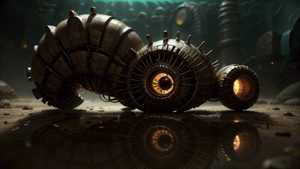 un caracol, sobre una roca, evil, crazy smile, reflection light