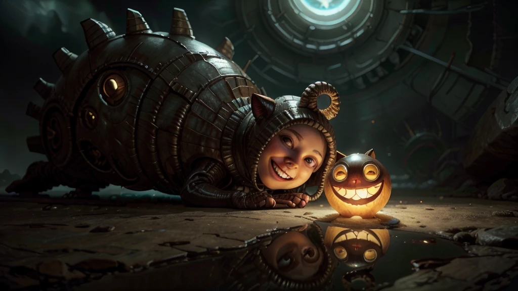 un caracol, sobre una roca, evil, crazy smile, reflection light