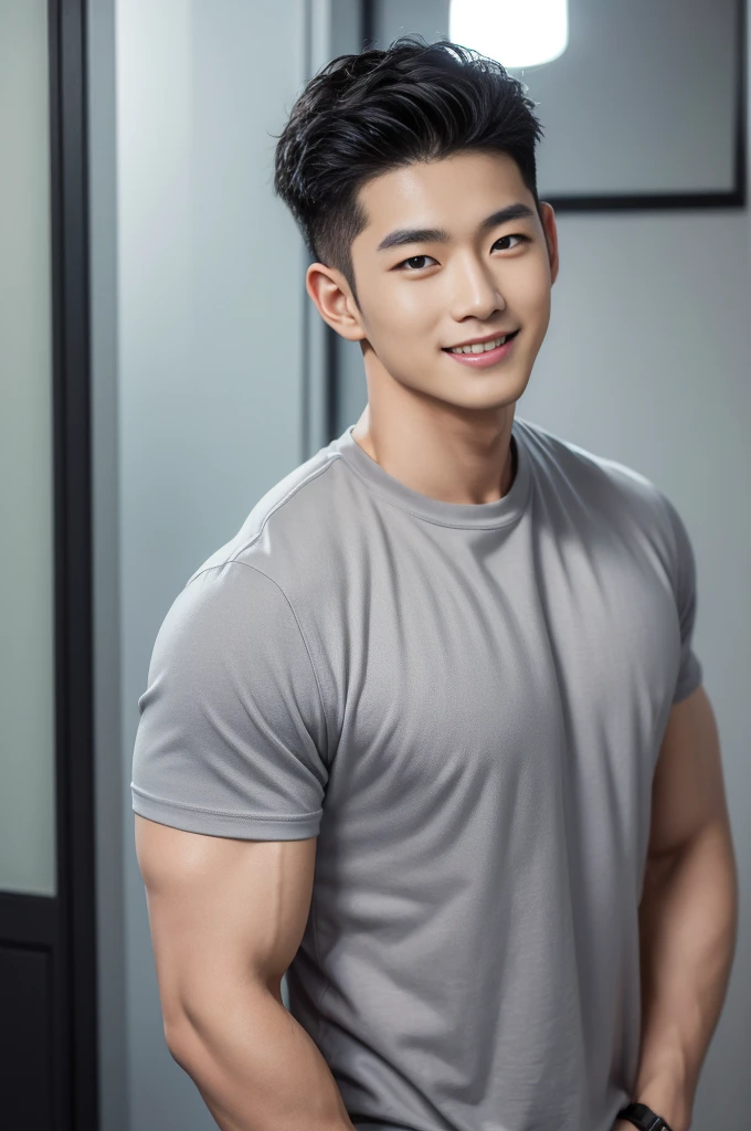 ((Highest quality, 8K, Masterpiece: 1.3))、Cool Korean guy, 1A man who has、 yo、Good appearance、Beautiful nose、smile、 Detailed eyes and face、beautiful light、(studio)、high resolution、(Look at the viewer.)、Fine mouth、smile、whole body: 1.5, perfect shape: 1.3, Picture of both shoulders:1.3, Gray round neck t-shirt:1.5