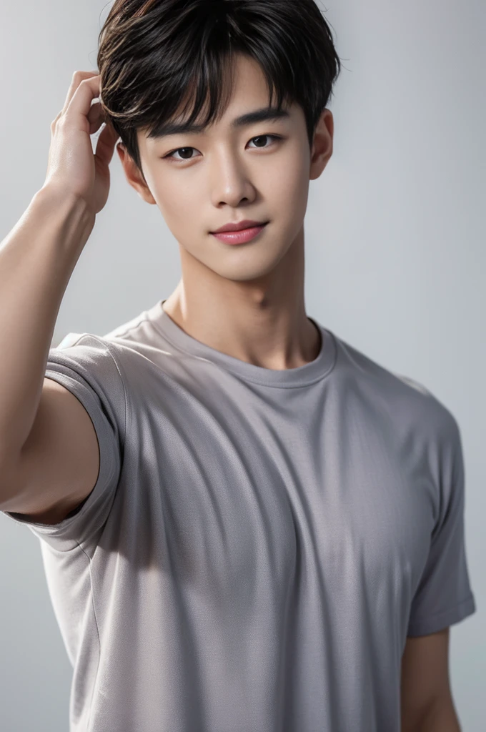 ((Highest quality, 8K, Masterpiece: 1.3))、Cool Korean guy, １A man who has、 yo、Good appearance、Beautiful nose、smile、 Detailed eyes and face、beautiful light、(studio)、high resolution、（Look at the viewer.）、Fine mouth、smile、whole body: 1.5, perfect shape: 1.3, Picture of both shoulders:1.3, Gray round neck t-shirt:1.5