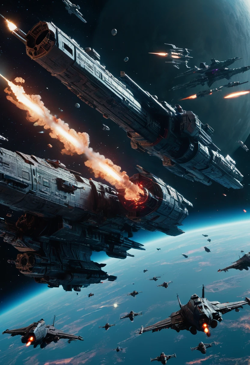Space War, cinematic still, high budget, cinemascope, 4K epic detailed, by Ian McQue and Boris Groh, best quality, masterpiece, very aesthetic, perfect composition, intricate details, ultra-detailed, vivid colors