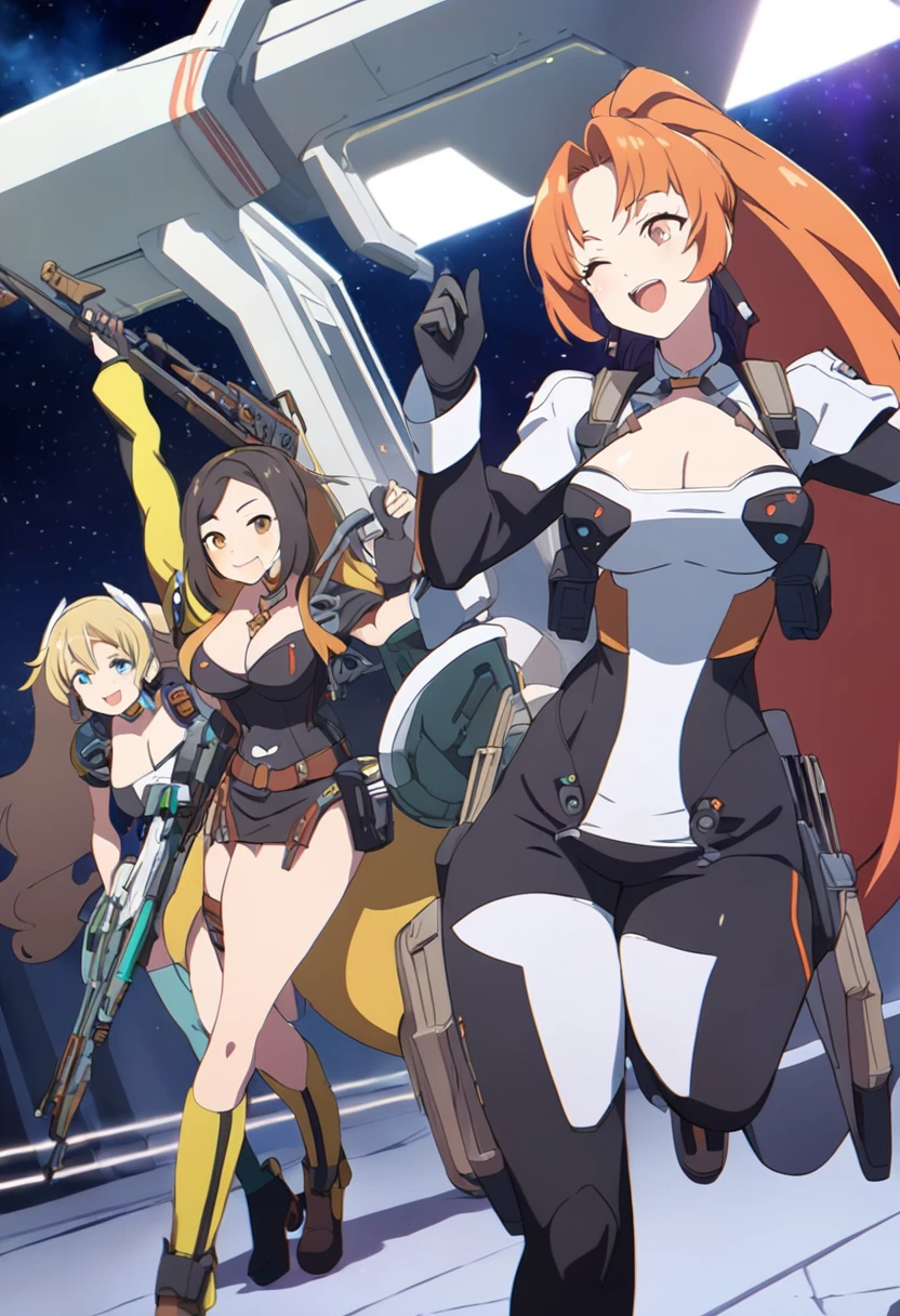 3 girls, curvy bodies, Science fiction, Space pirates, long hair, playful smiles, combat suits, armed with pulse rifles