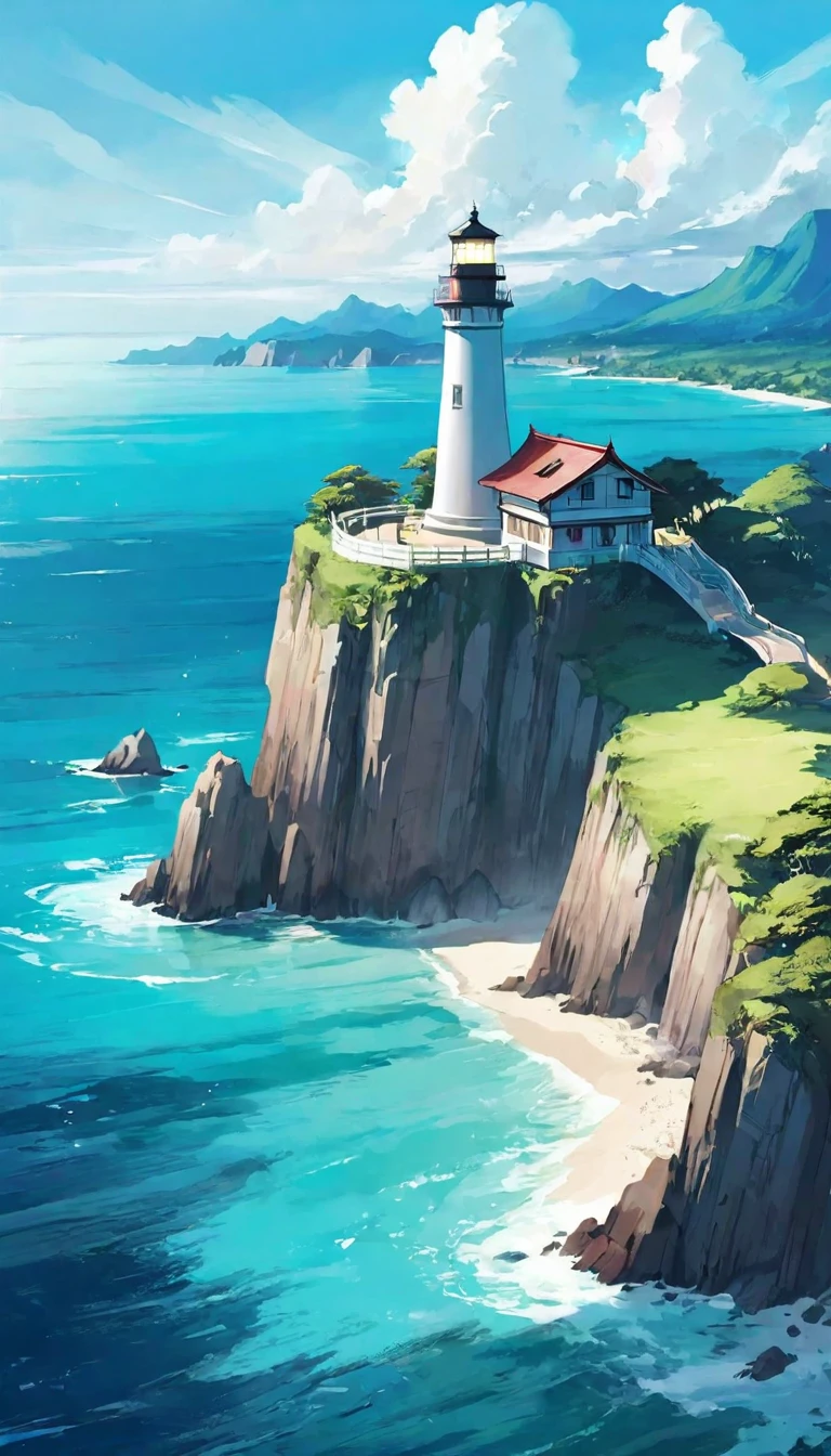 The ocean is right in front of you、Tropics、Ocean、ocean shore、cliff、Bungalow、Resort、turquoise blue、Emerald green、sunshine、water surface、rock、cloud、blue sky、buzzer、Paradise、beautiful、vivid、nature、trip、vacations、beautiful Anime Scenery, Landscape painting, Lighthouse, Beautiful digital painting, andreas rocha, Beautiful artwork illustration, Awesome Wallpapers, Raymond Han, tall beautiful painting, Studio Greebly New Ocean Makoto, Beautiful Wallpaper, Anime Scenery
