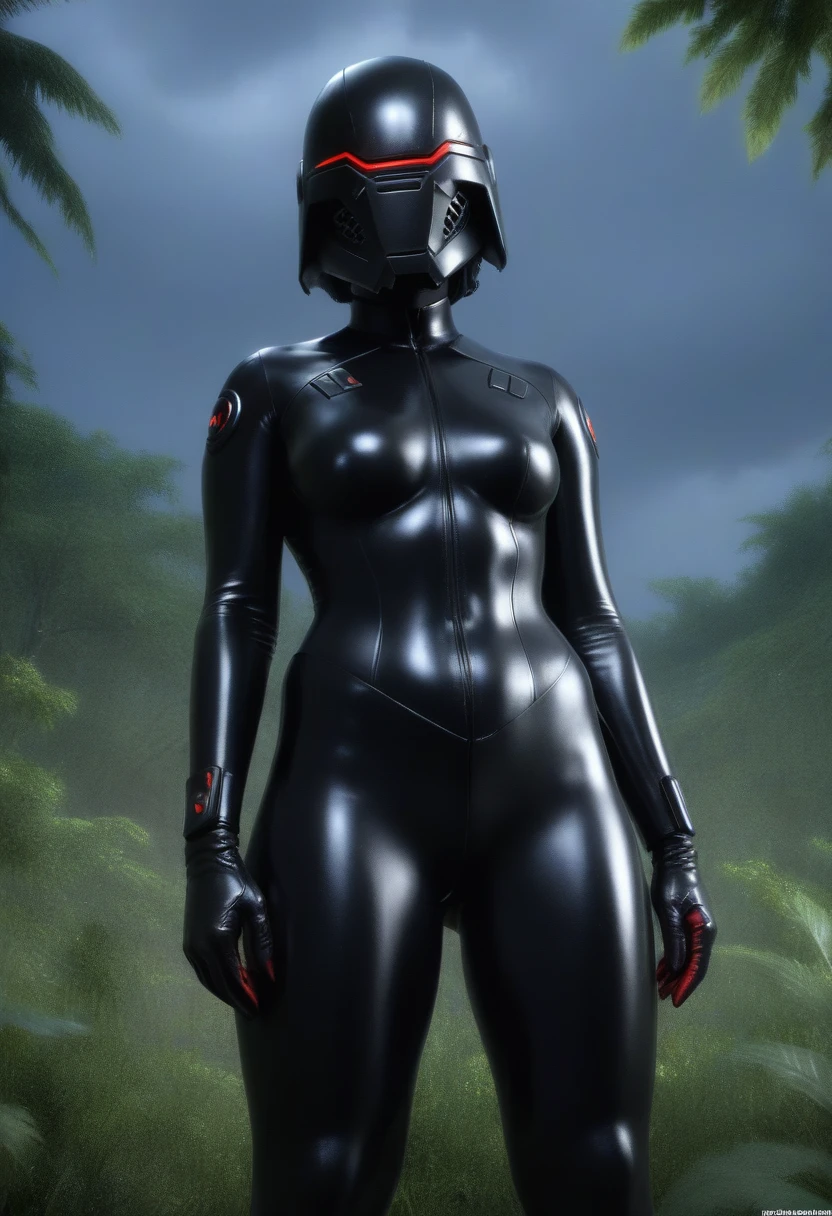 zPDXL, source_anime, BREAK Trilla, helmet with red translucent visor, , armor,black gloves,(tight silver black bodysuit),,black pants, BREAK close-up, solo, standing, front view, medium breasts, , wide hips, BREAK x3dce, 3d, jungle background, dense vegetation, rain, night, night sky,
