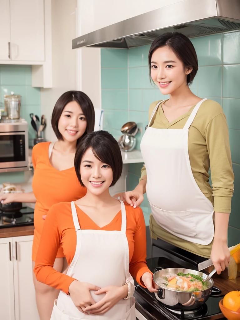 Gentle and virtuous China、Singapore、Japanese pregnant women，Super Beauty、short hair、Taking a photo next to the range hood in the kitchen，Wearing an orange apron，Wear a V-neck long-sleeved T-shirt inside，Holding up the spatula，Gas stove cooking，Beautiful woman showing charming smile、White Teeth，Makes women and men like it very much，Big breasts、Double eyelids，Focus、Ultra high definition，Proportionate body，Fair skin，Picture finger complete、Normal shape、Perfect shape of every body part，Require flawless work