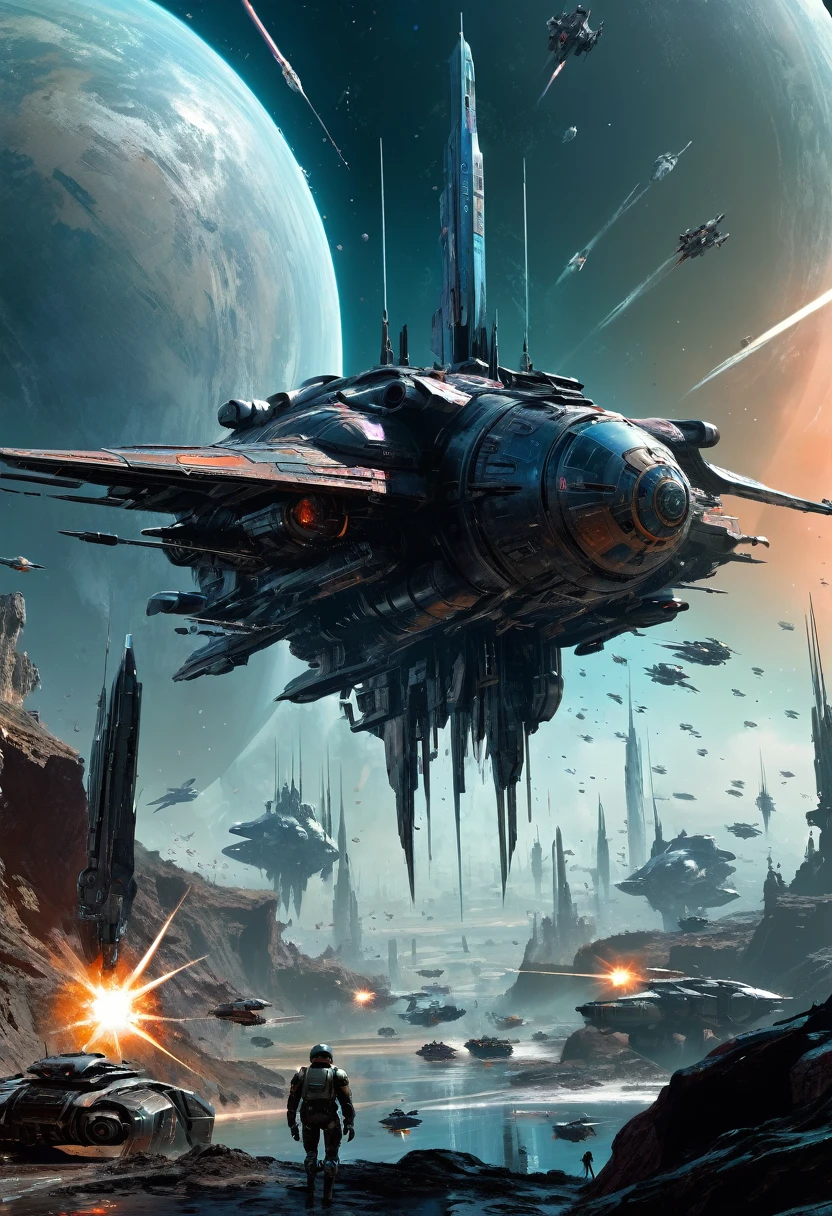 Space War, cinematic still, high budget, cinemascope, 4K epic detailed, by Stephan Martiniere, best quality, masterpiece, very aesthetic, perfect composition, intricate details, ultra-detailed, vivid colors