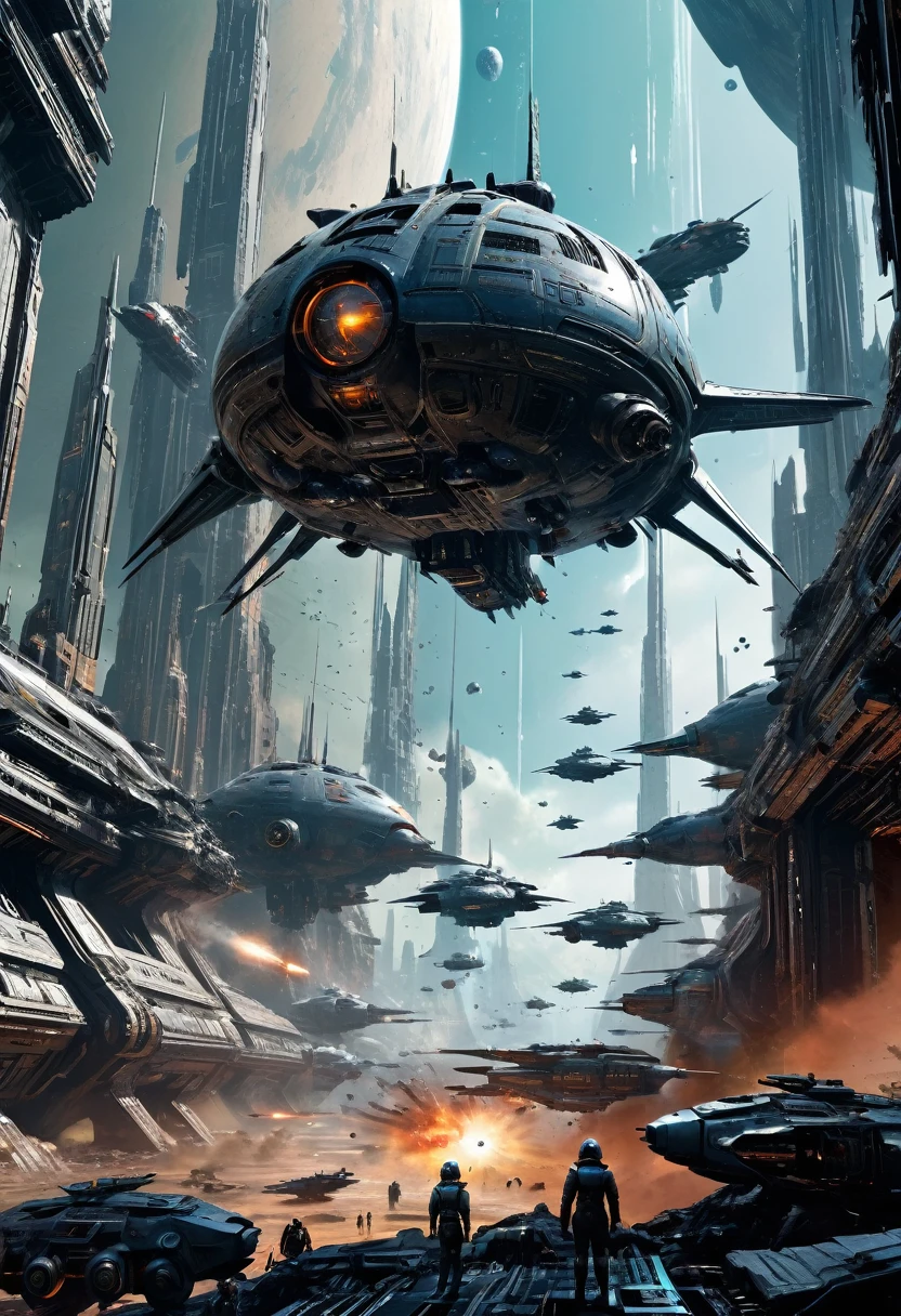 Space War, cinematic still, high budget, cinemascope, 4K epic detailed, by Stephan Martiniere, best quality, masterpiece, very aesthetic, perfect composition, intricate details, ultra-detailed, vivid colors