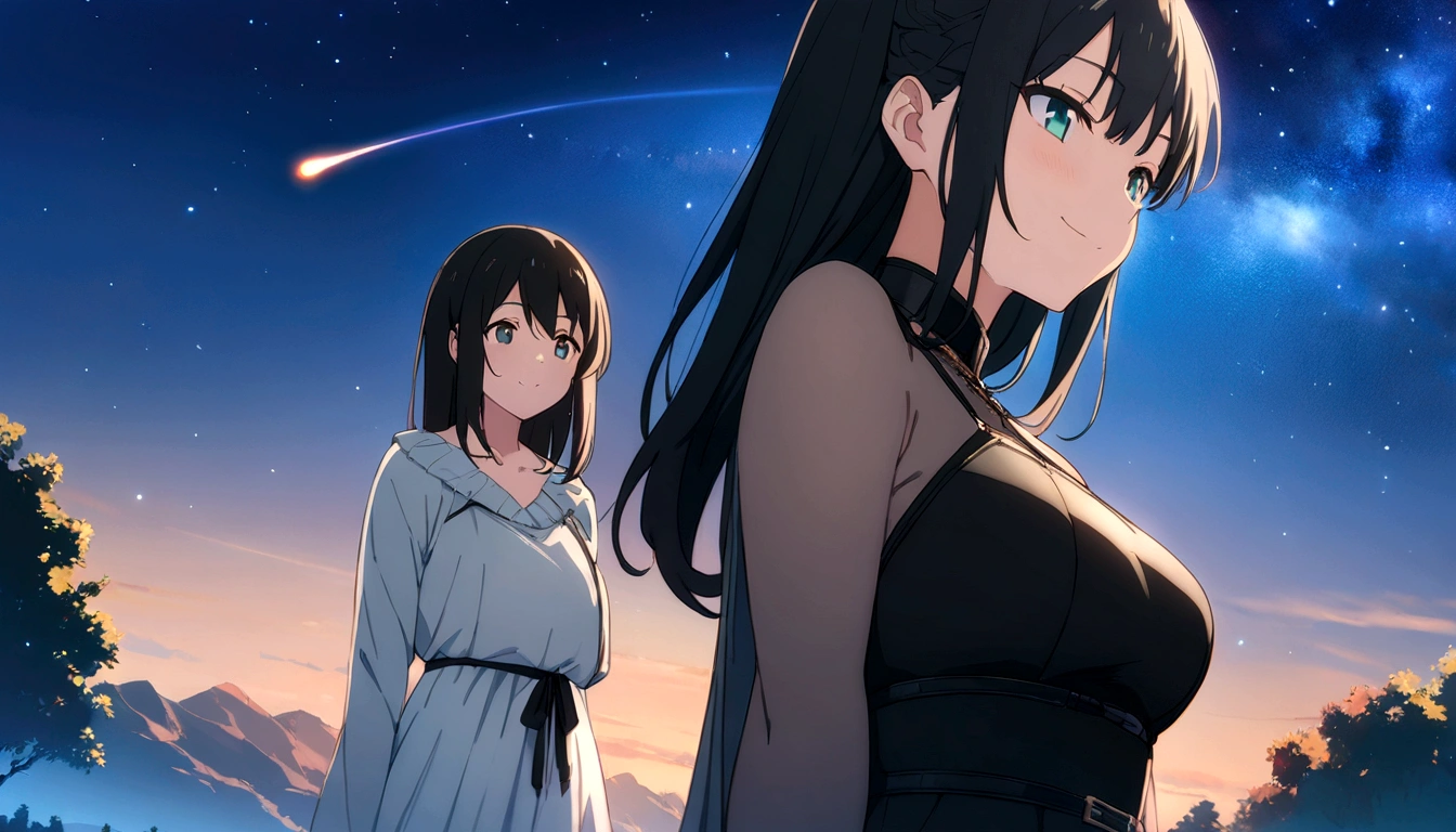 Black-haired woman,anime,masterpiece, Highest quality, High resolution,Xin Haicheng、smile、comet、Starry Sky、Outdoor、fun、