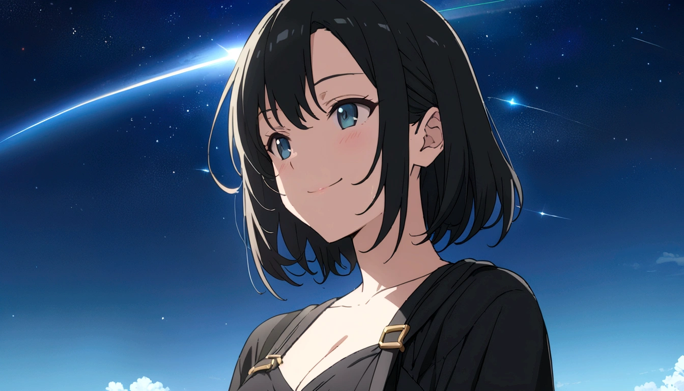 Black-haired woman,anime,masterpiece, Highest quality, High resolution,Xin Haicheng、smile、comet、Starry Sky、Outdoor、fun、