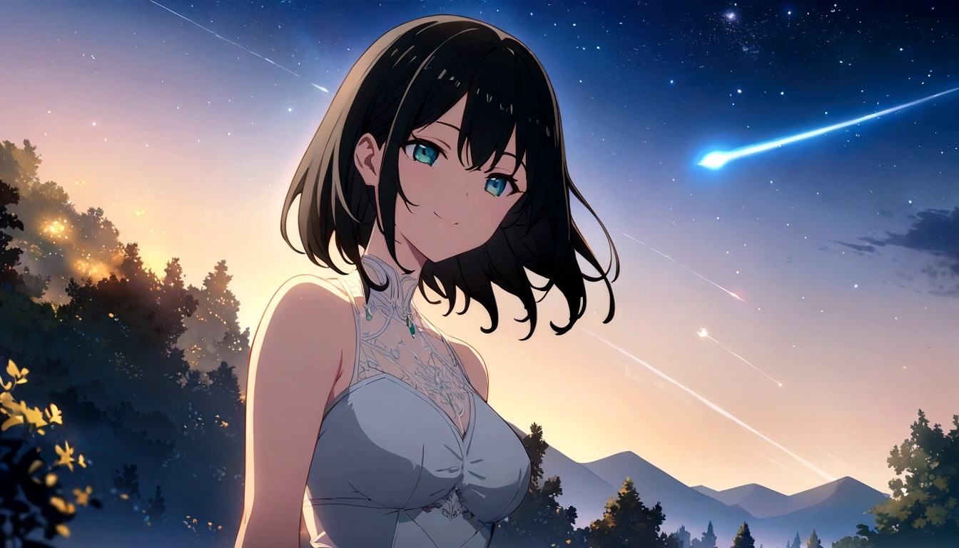 Black-haired woman,anime,masterpiece, Highest quality, High resolution,Xin Haicheng、smile、comet、Starry Sky、Outdoor、fun、