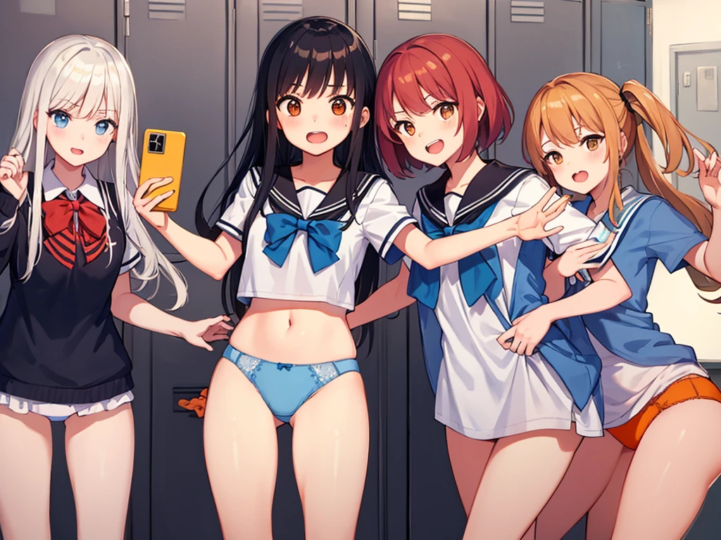 (masterpiece, high quality), (Multiple Girls), Female student, locker room, Mr..々underwear,(White panties), (Light blue panties),(Orange panties)School Costume, (Group selfie), Wide-angle, Soft Light,anger