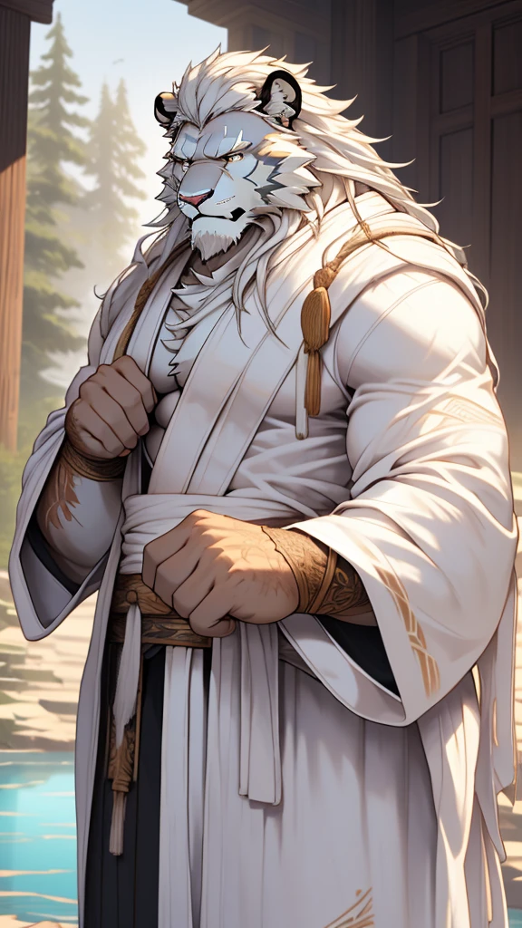 (masterpiece),(highres),(intricate details:1.4),extremely detailed,(illustration:1.2),8k,photorealistic,exquisite,solo,aged,elder male lion ,muscular, (Ancient Greek mythological style;1.8)(white robe:1.6),manhood,safeguard,(white hair:1.3),long hair,long white beard,scar,badly damaged,hurt,broken body ,the icey frozen lake,bleeding ,suffering,naked body
