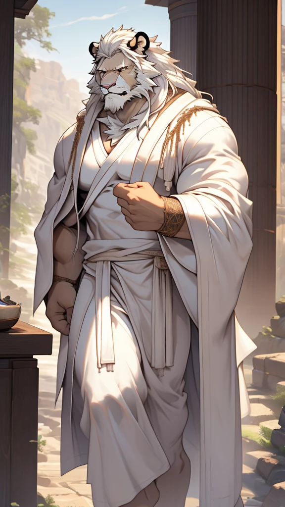 (masterpiece),(highres),(intricate details:1.4),extremely detailed,(illustration:1.2),8k,photorealistic,exquisite,aged,elder male tiger ,muscular, (Ancient Greek mythological style;1.8)(white robe:1.6),manhood,safeguard,(white hair:1.3),long hair,long white beard,scar,(badly damaged),(sacrifice),hurt,broken body ,(bulging crotch:1.8),(homosexual),