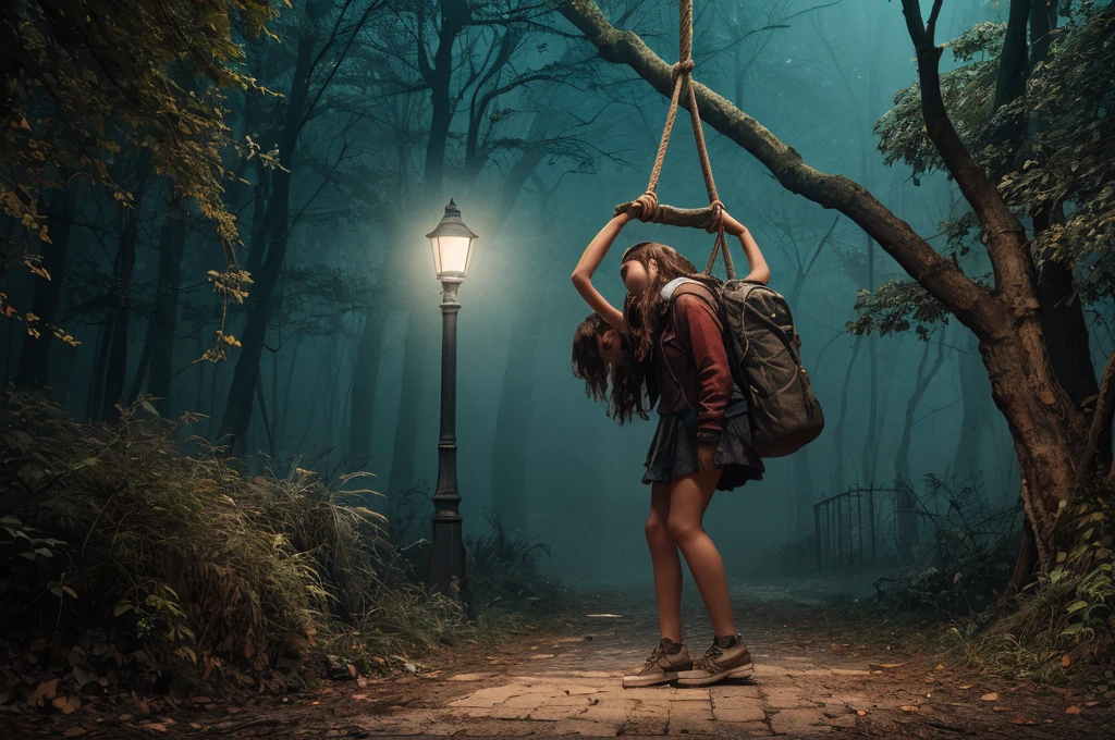 A haunting masterpiece, of unparalleled quality, showcasing a tragic scene of a teenage girl hanging from a tree. The rope around her neck, reminiscent of a hangman's noose, is rendered in exquisite detail, a testament to the artist's skill. The atmosphere is horrific, laden with sadness and a profound sense of melancholy. The girl's torn clothing is rendered with vibrant colors, contrasting starkly with the somber scene.

The dramatic lighting, inspired by chiaroscuro, creates a cinematic atmosphere, with deep shadows and highlights that evoke a moody, gritty, and dark gothic ambiance. [The character is surrounded by mist, evoking a mysterious and eerie atmosphere. The lighting is dark and atmospheric, with a red smoke adding a touch of sinister ambiance. The image is of the best quality, with a resolution of 4k and HDR enhancement, showcasing the utmost level of detail and realism, sfw, full body shot.]. [8K, Best Quality, Masterpiece, Ultra High Resolution, (highly detailed CG unity 8k wallpaper), (best photo), (best shadows), isometric 3D, octane rendering, ray tracing, highly detailed, (Best quality, 4K, 8k, A high resolution, masterpiece:1.2), absurdity, masterpiece, ultra detailed, (realistic, photorealistic, photorealistic:1.37), complex parts, HDR, (complex parts:1.12), (hyper detailed, hyper realistic, Soft lighting, spicy:1.2), (complex parts, Hyper detailed:1.15). Blurred foreground. (backlit), realistic, masterpiece, high quality, brightness, chromatic aberration, 8k uhd, some smoke, shadows, contrast, clear sky, (warm hue, warm tone), high details, natural reflections]. 