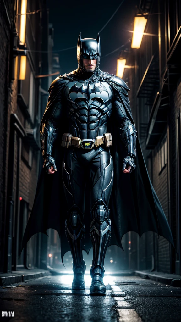 Masterpiece, best quality, NVIDIA RTX, sharp picture, cinematic lightning, hi-tech futuristic batman:1.3, perfect face details, proportional body, facial hair, luminous eyes:1.3, perfect mouth:1.3, neon luminous mecha-armor:1.3, black gold cybernetic-armor:1.3, perfect cape, cape blown by strong winds:1.3, symmetrical pose, full body, epic lights reflections, night, dark alley, fogs