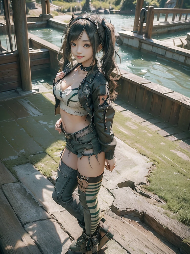 (Full Body View:1.4)、(Side view:1.1)、(Hostess:1.3)、(Smiling with teeth showing:1.3),(Shibuya Gal:1.5)、(y2k woman:1.4)、(Lolita Fashion:1.5)、(Punk RockVisual Kei:1.4)、(A modern short jacket in dark brown and moss green.:1.5)、(Tattered brown and charcoal denim low rise pants:1.5)、(Mustard Yellow Headband:1.3)、(Charcoal and khaki striped knee socks:1.4)、collar、(Brown platform long boots)、(Clothing with logo pattern:1.4)、20-year-old、NSFW,((Highest quality、In 8K、masterpiece:1.3))、Sharp focus:1.2、(Layered Cut、Beautiful boobs:1.1),Beautiful woman with perfect figure:1.4、(Doing an aerobics pose:1.3)、(Open legs:1.3)、(Raise your arms:1.2)、(Open your crotch:1.3)、Slender Abs:1.2、Butt、Highly detailed face and skin texture、Detailed eyes、double eyelid,(Twin tails:1.3)、(Cream colored hair:1.3)、Dynamic Pose、Obscene pose、Humiliating pose、Gravure idol、(Vast mountains々A luxury resort destination with a lake and a lakeside setting:1.3)、(Make your legs thinner:1.4)、(Slim body:1.3)、(clavicle:1.1)、(Thin thighs:1.3)