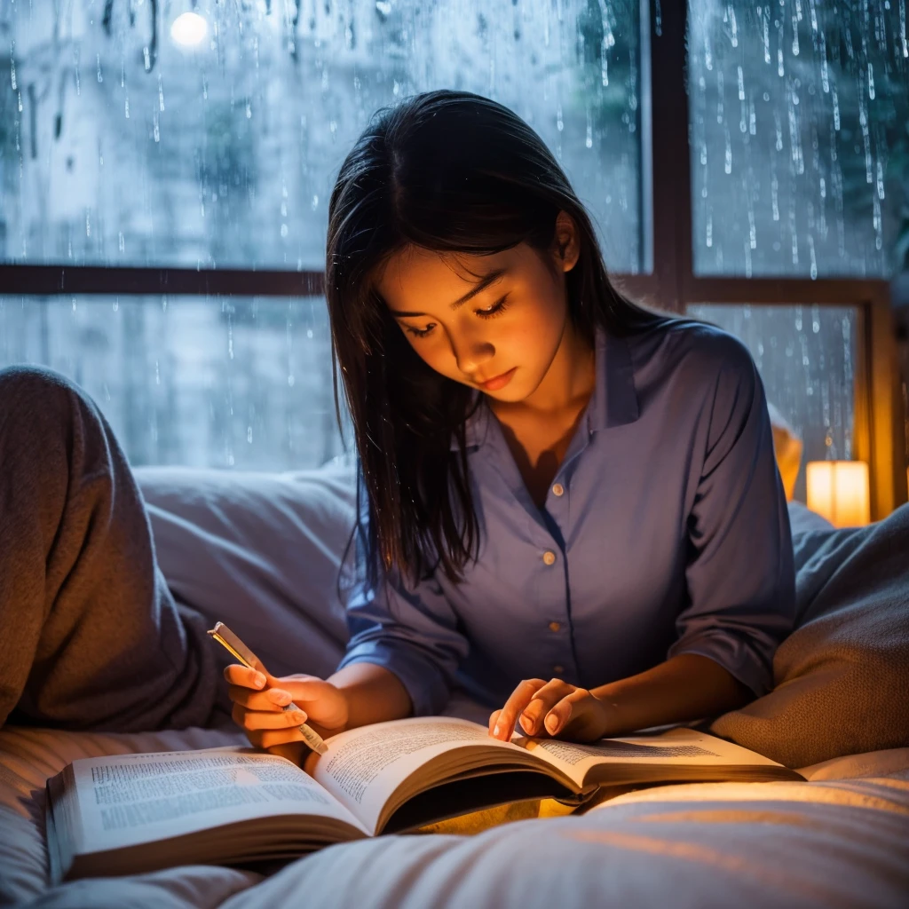 The most beautiful girl reading books in the bedroom at night during the rain outside