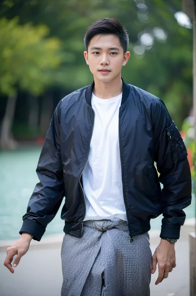 ((Highest quality, 8K, Masterpiece:1.3)),Thailand Laos Burma Asia,Thai man buzz haircut,A handsome Asian sport short hair,a muscular beard,and big muscles.,1A man who has,yo,Good appearance,Beautiful nose,Detailed eyes and face,beautiful light,(studio),high resolution,(Look at the viewer.),Fine mouth,whole body:1.5,perfect shape:1.3,Picture of both shoulders:1.3,(t-shirt:1.2),black cargo pants,wristband,landscape,(The background is Bokeh:1.2),on the sea,(open_jacket:1.3),