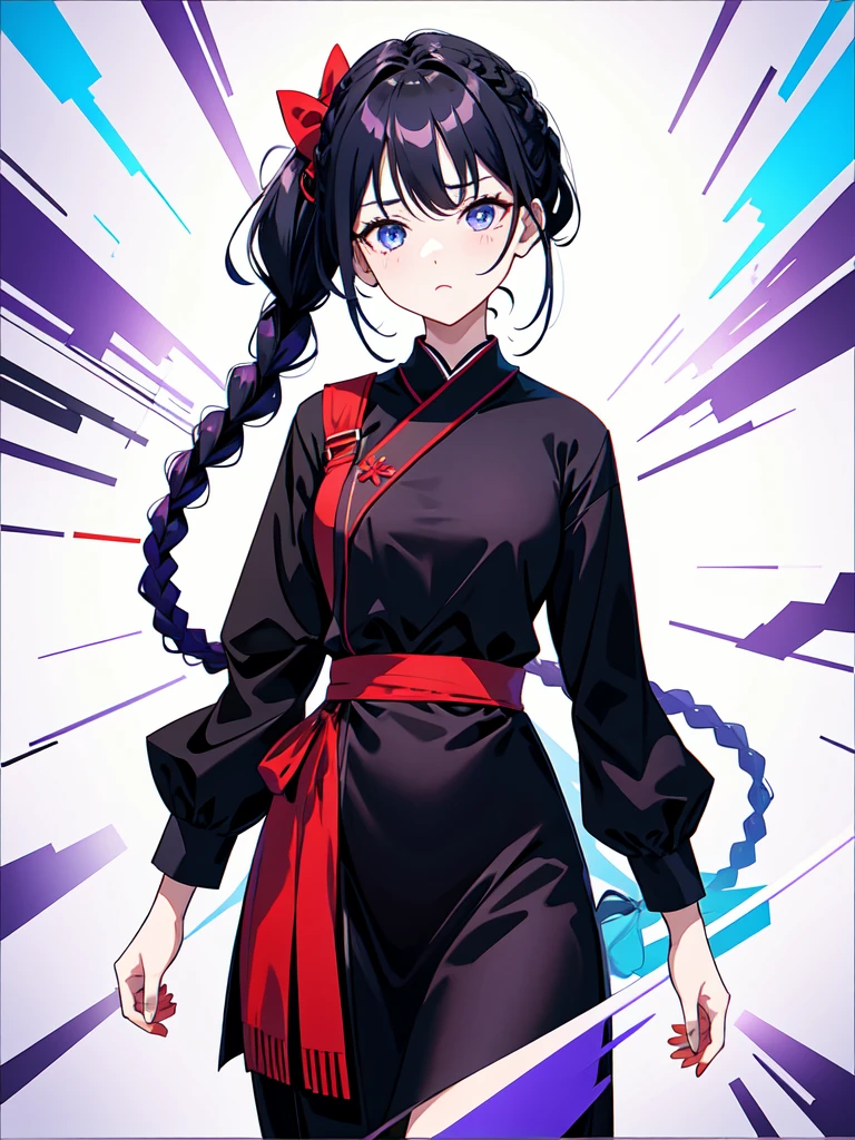 Dressed in maid uniform ,　Mature face,tall, Wearing black tights,Blue Eyes,Updo, Braided Hair, He wore black trousers, whole body黒の服, The skin is hidden　and gradient hair, (Ink blotches:1.1), (pale:1.2),(Light purple:1.2),(Red/Black:1.2), I was wearing long pants,cool,Dressed in a black robe, Toned body, one big woman, Nervous,Cowboy Shot, sketch (Character design sheet, same characters, whole body, Three-View, front, ~ ~ ~ side, return),(Very bright:1.1), White Background, [1 Girl:7], (Tilt your head:1.2), ([sketch|watercolor \(Moderate\)]:1.15),Chaotic Abstract Background, Vector Trace, Gradient Blending, Bright colors, that&#39;wonderful, Very detailed, Complex, (Very low contrast:1.4