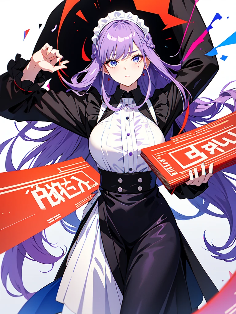 Dressed in maid uniform ,　Mature face,tall, Wearing black tights,Blue Eyes,Updo, Braided Hair, He wore black trousers, whole body黒の服, The skin is hidden　and gradient hair, (Ink blotches:1.1), (pale:1.2),(Light purple:1.2),(Red/Black:1.2), I was wearing long pants,cool,Dressed in a black robe, Toned body, one big woman, Nervous,Cowboy Shot, sketch (Character design sheet, same characters, whole body, Three-View, front, ~ ~ ~ side, return),(Very bright:1.1), White Background, [1 Girl:7], (Tilt your head:1.2), ([sketch|watercolor \(Moderate\)]:1.15),Chaotic Abstract Background, Vector Trace, Gradient Blending, Bright colors, that&#39;wonderful, Very detailed, Complex, (Very low contrast:1.4