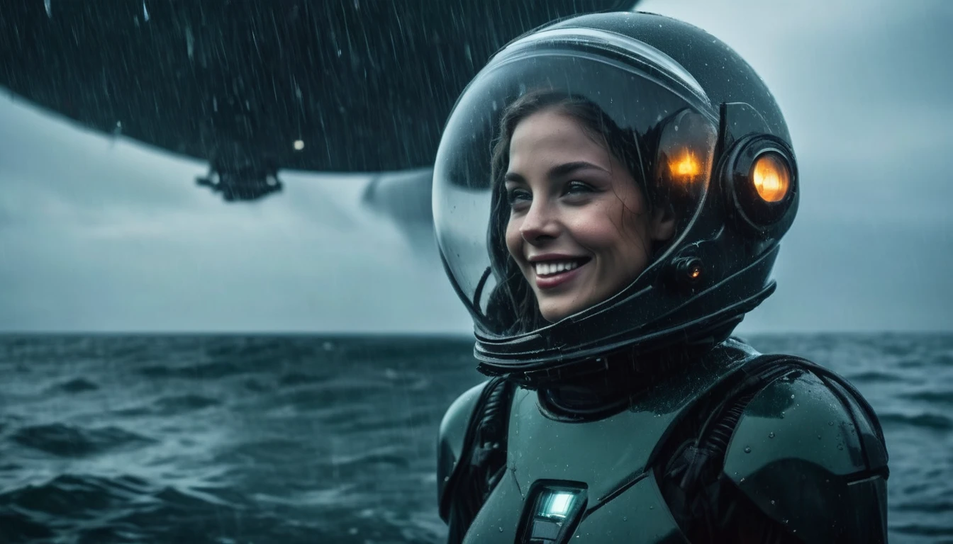 sci-fi aesthetics, a dark and moody realistic cinematic close-up shot of stunning Nicaraguan woman smile with a big smile cosmonaut wearing a spacesuit and glass dome helmet walking (with a futuristic oil refinery in the background:1.4) on ocean alien landscape where water covers the entire surface, teeming with marine life of all shapes and sizes, a heavy rain storm, aurora, detailed face, stunning beauty, detailed skin, skin texture, skin pores, (freckles:0.9), dim lit, foggy, muted colors, hazy, vintage, analog style, science fiction, star citizen cinematic lighting, film grain, imax