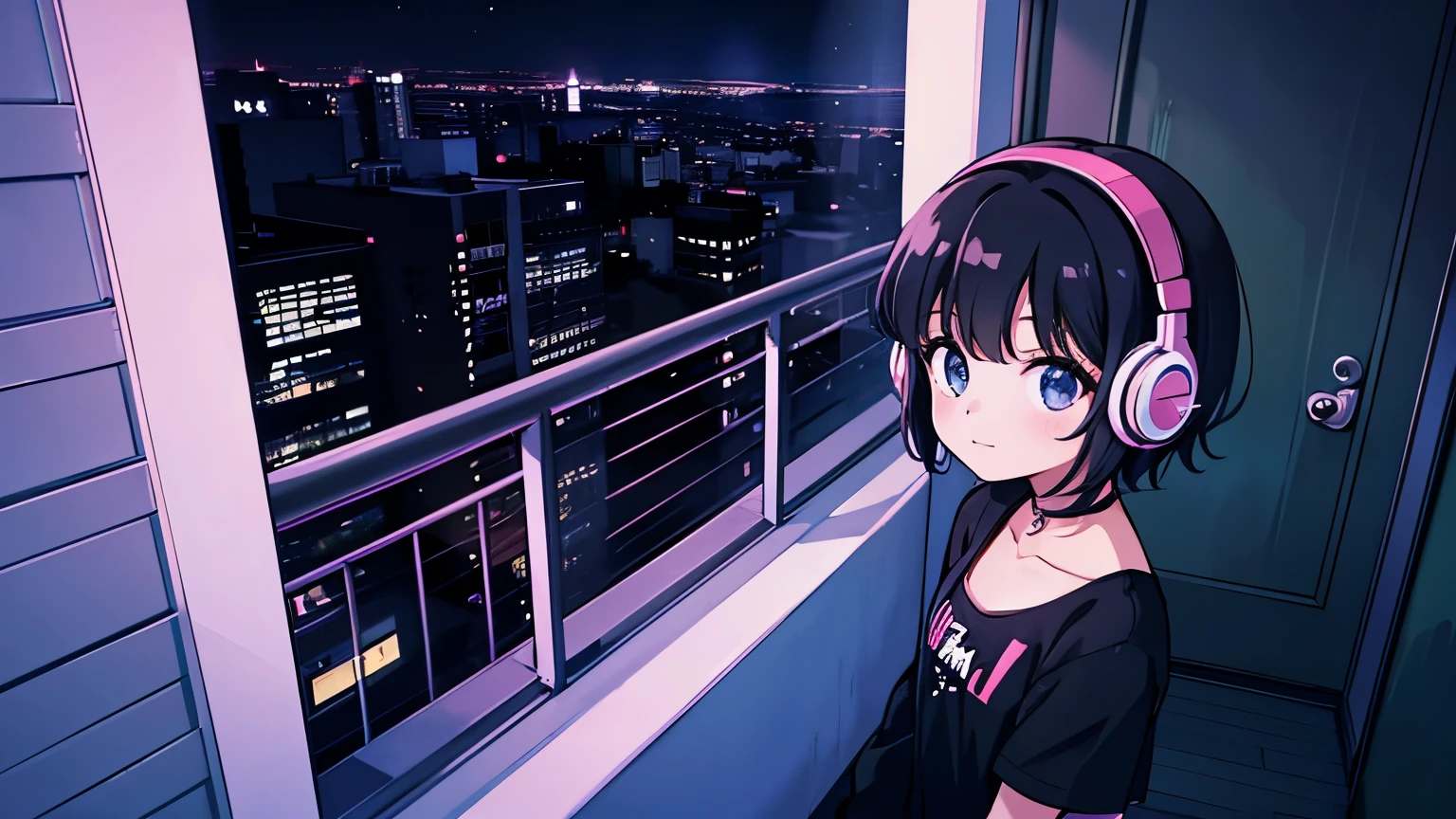 1 girl, 90s anime style, night,Black short Hair, flat chest, Balcony of the apartment、 moon, Girl with headphones, late night ベランダ, listen to music alone, city pop, low quality, Lo-Fi, Chill, late night, Balcony of a single room, dark room, futuristic night view outside the window,