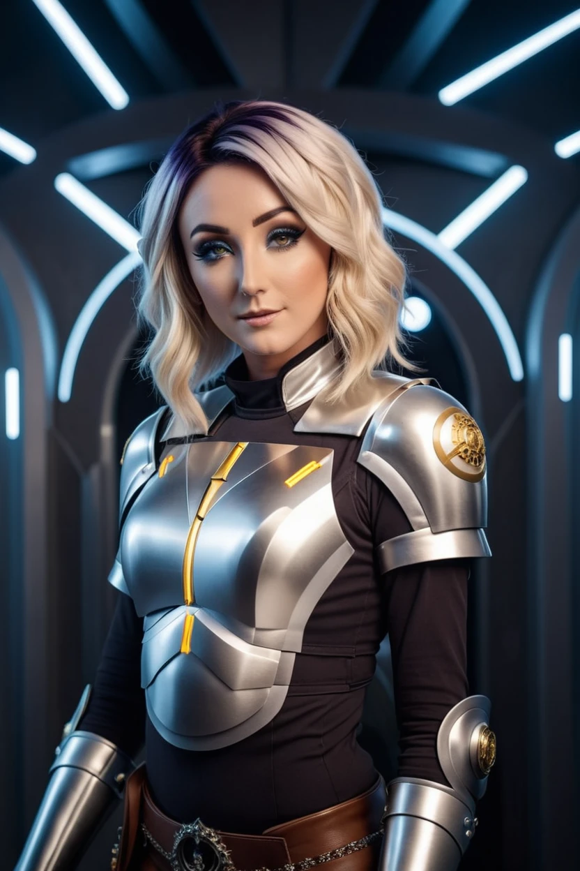 cinematic photo a photograph of a blonde Jessica Nigri wearing SILVER armor at observatory. 35mm photograph, film, bokeh, professional, shot by david lachapelle, 4k, highly detailed