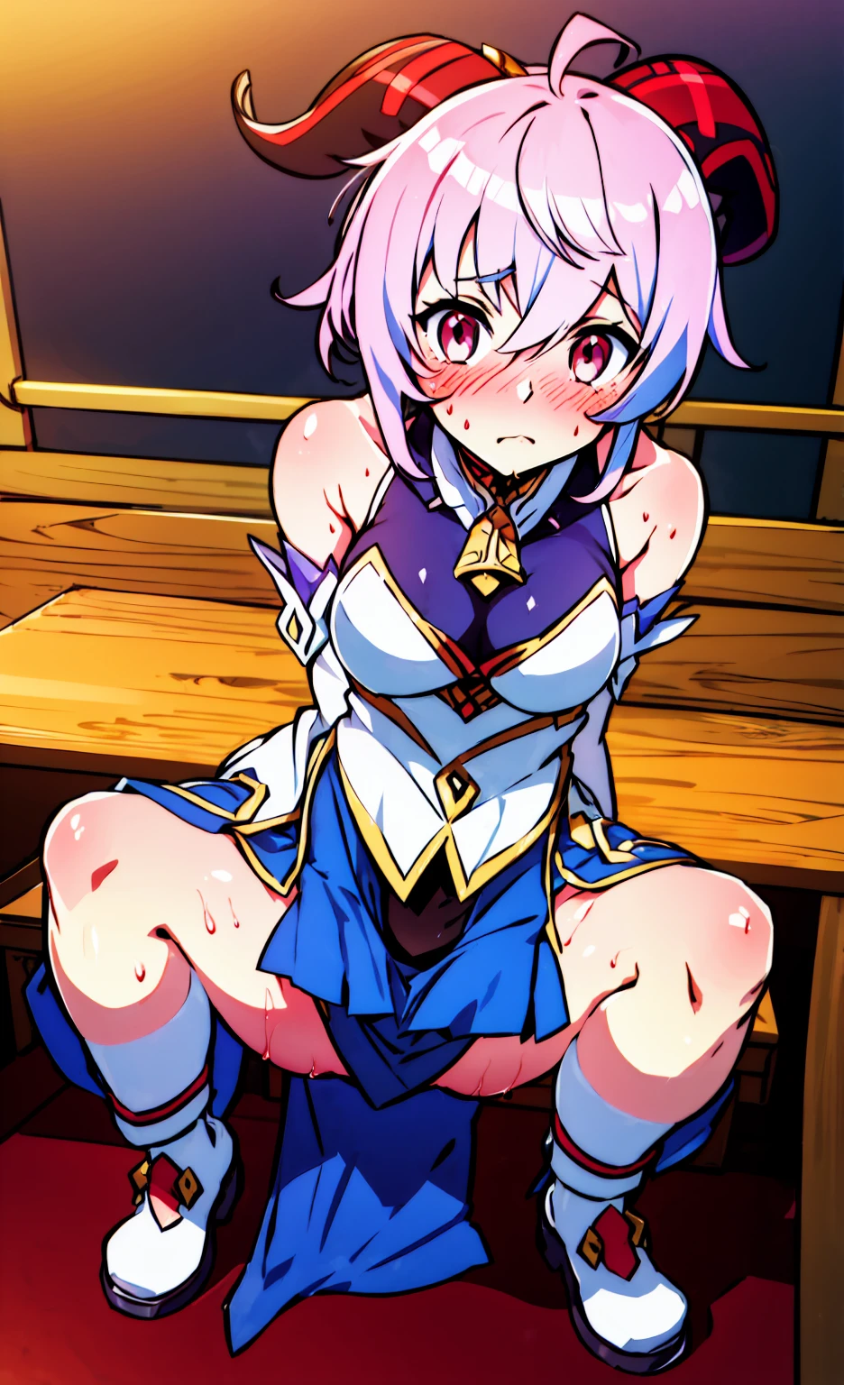 Pieces fly, Highest quality, Anime Images, Anime style etc.., Hired \(Genshin Impact\), Sit at the table, View from above, cheeks are bright red,超Embarrassing, Watery eye,dislike,The face of patience,1 Girl, Twin Horn, Ticker,Fits your body type, I can see the pussy , blush, Colorful pastel fantasy,Sexy pose,Highly detailed background,High quality scenery,Embarrassing,blushing face,Stand facing forward.,Sweaty,Crouching pose,Holding in pee,Hold your crotch with your hands,Limits of patience