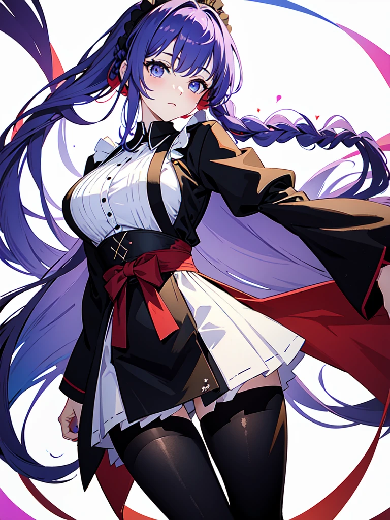 Dressed in maid uniform ,　Mature face,tall, Wearing black tights,Blue Eyes,Updo, Braided Hair,　 The skin is hidden　and gradient hair, (Ink blotches:1.1), (pale:1.2),(Light purple:1.2),(Red/Black:1.2), I was wearing long pants,cool,Dressed in a black robe, Toned body, one big woman, Nervous,Cowboy Shot, sketch (Character design sheet, same characters, whole body, Three-View, front, ~ ~ ~ side, return),(Very bright:1.1), White Background, [1 Girl:7], (Tilt your head:1.2), ([sketch|watercolor \(Moderate\)]:1.15),Chaotic Abstract Background, Vector Trace, Gradient Blending, Bright colors, that&#39;wonderful, Very detailed, Complex, (Very low contrast:1.4